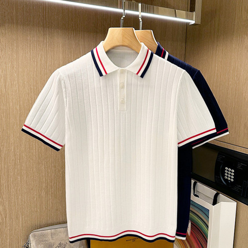 夏季时尚拼色竖条纹理针织polo衫