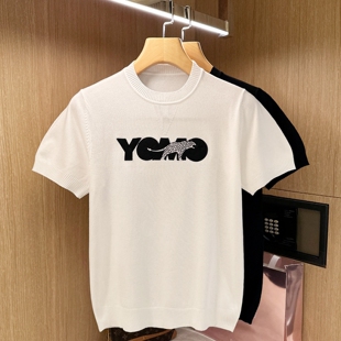 2026新款 欧洲站潮流猎豹刺绣针织短袖 男款 休闲白色圆领t恤短袖 男