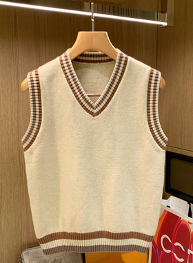 时尚复古男装坎肩毛衣针织马甲男秋冬新款拼色鸡心领无袖背心男款