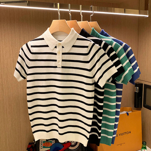 t恤短袖 男 冰丝针织修身 夏季 男士 高级休闲潮流条纹polo衫 新款 时尚