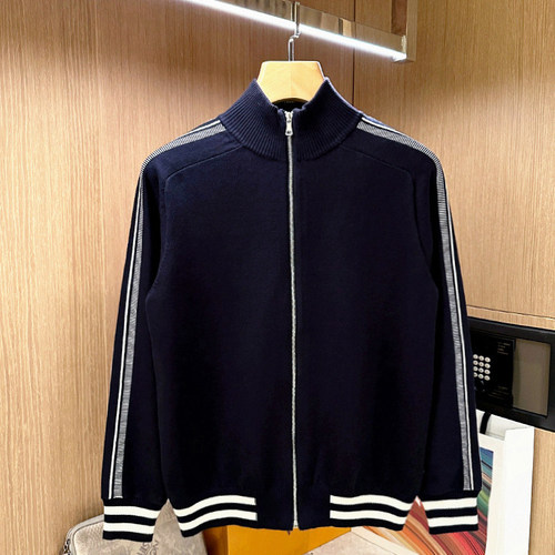 拉链开衫针织衫立领拼色条纹毛衣