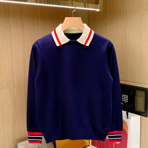 秋冬长袖休闲拼色翻领蓝色polo衫