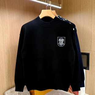 秋冬潮流图案刺绣圆领毛衣男 饰针织衫 欧货潮牌衣服男款 独特纽扣装