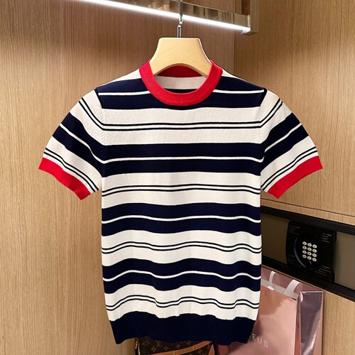 短袖休闲复古拼色条纹t恤亲肤感