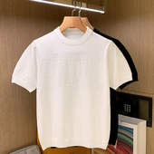 打底衫 上衣高级纯色修身 男 潮流黑色针织提花男士 t恤 夏季 短袖 男款