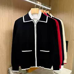 British Retro Men's Fashion Men's Knitted Cardigan High-End Color-Blocked Striped Casual Lapel Sweater Jacket for Men