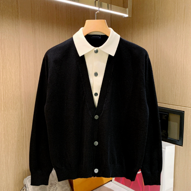 韩版时尚休闲叠穿假两件毛衣男秋冬季个性拼接翻领针织开衫外套男