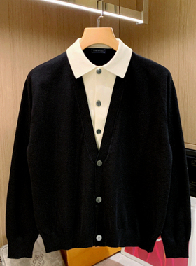 休闲拼接翻领上衣假两件毛衣外套男秋新款时尚男士高级感针织开衫