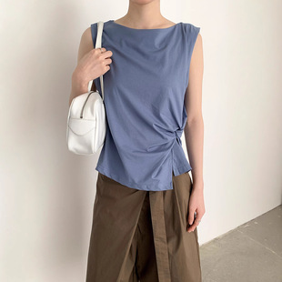 木南十三行2025夏一字领不规则设计扭结无袖坎肩背心女22357