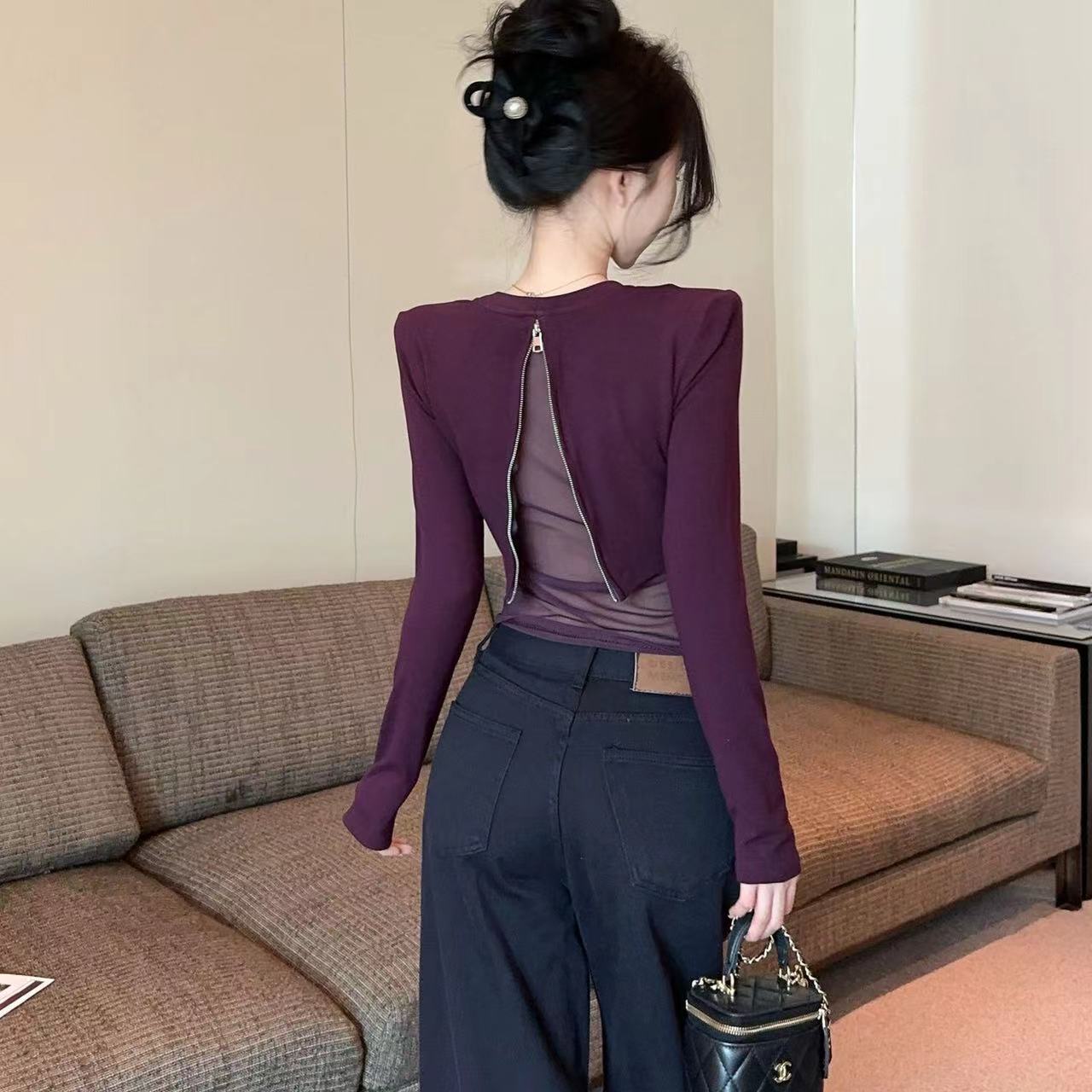 设计感网纱拼接拉链露背长袖T恤