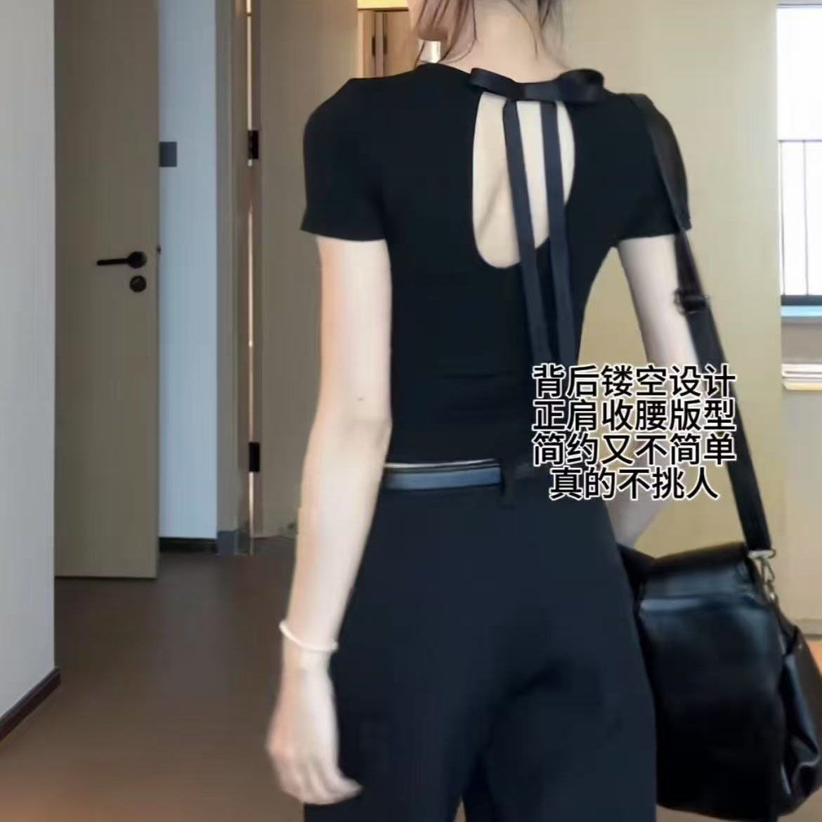 背后镂空蝴蝶结带短袖T恤女装夏