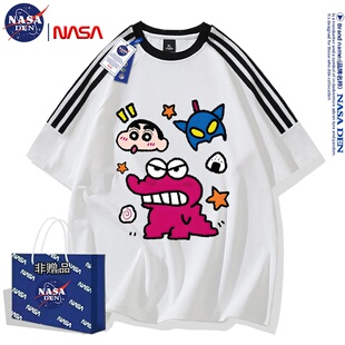 重磅纯棉t恤潮流三杠半袖 夏季 男女 蜡笔小新印花短袖 NASA联名美式
