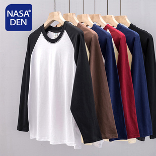 春秋季重磅纯棉插肩长袖T恤男女款休闲运动卫衣衫撞色拼接外套男