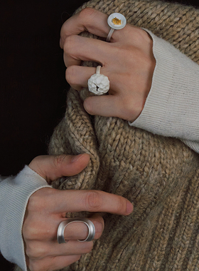 原创设计烧银做旧开口戒叠戴设计感几何造型高级感ins风戒指