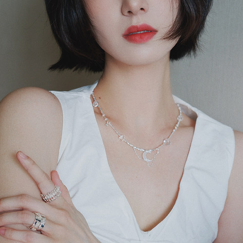 甜美仙女风碎银月亮不规则造型流苏项链高级感 S925银