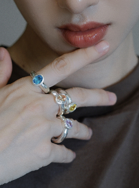 【高定款】复古通体S925纯银嵌彩色锆石戒指女手工锤纹小众设计