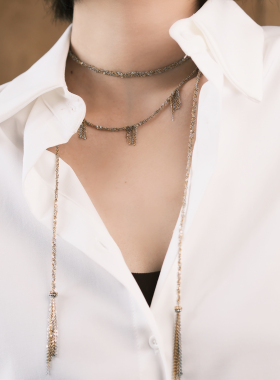 个性宫廷复古叠戴钢链条编织金银拼色流苏项链长短叠戴轻奢气质