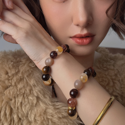 原创手作落日森林虎眼石黄胶花水晶手串高级感简约风