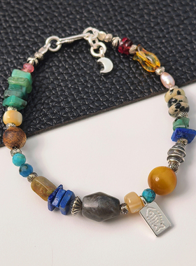 momo原创设计天然石虎眼石小众复古手链多宝小鱼提溜925银手串