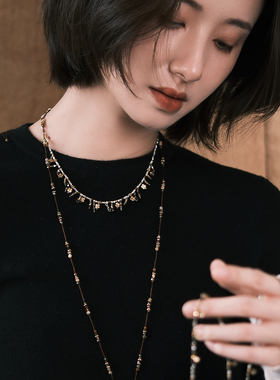 复古宫廷天然彩石四叶草吊坠项链锁骨链轻奢金银拼色choker秋冬