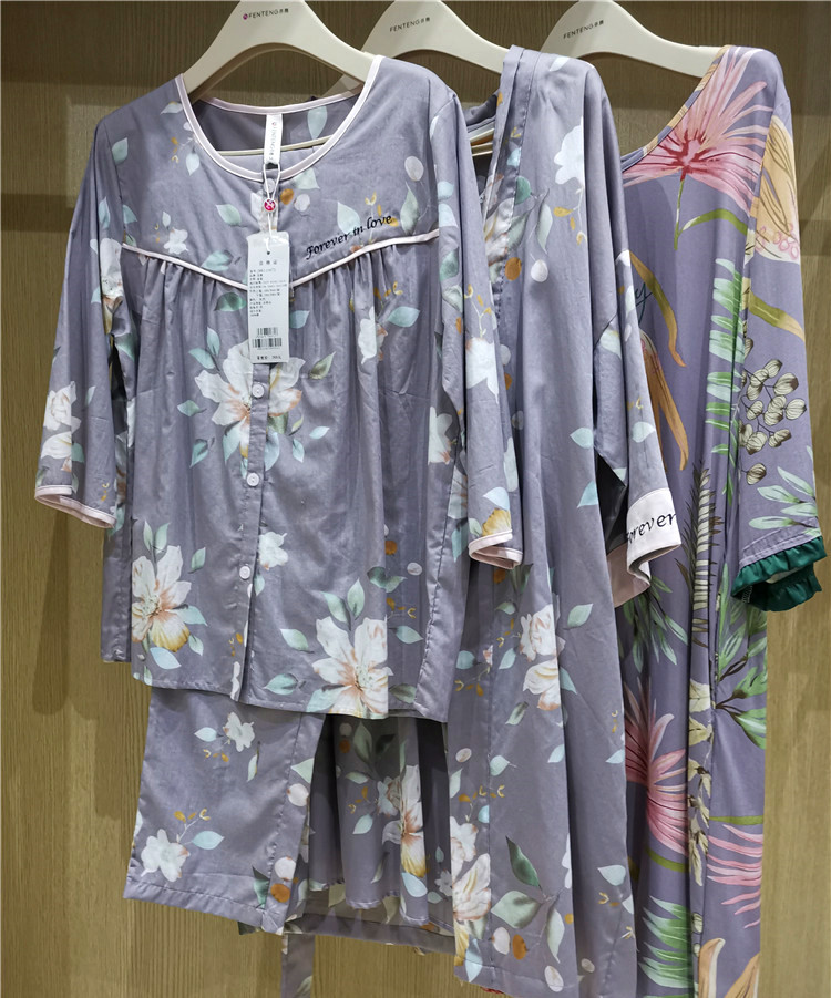 芬腾女睡衣春夏季梭织棉布中袖长裤家居服套装女士两件套家居睡裙