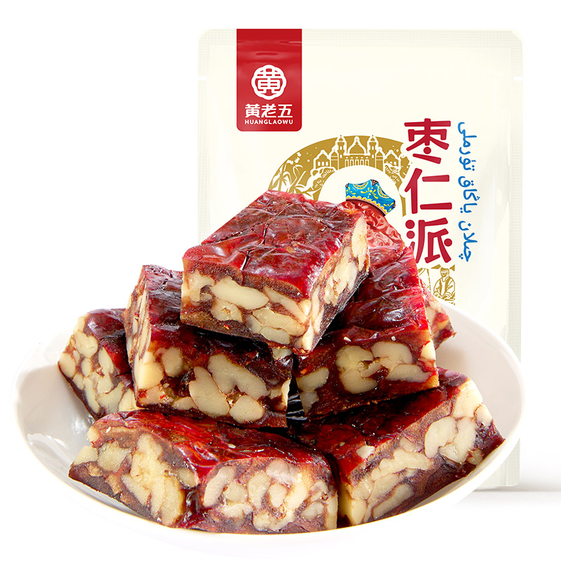 黄老五枣仁派208g 红枣夹核桃仁新疆特产无核大红枣夹方糕零食