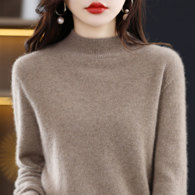 恒源祥冬季新款100%纯羊毛衫女士半高领纯色薄款毛衣针织羊绒衫女