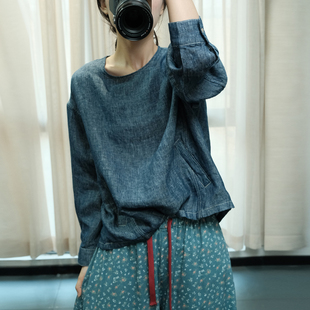 素凡卡秋季新款复古文艺圆领纯色宽松休闲显瘦牛仔套头长袖上衣女