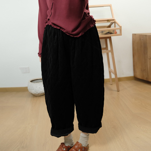 女 日系复古松紧腰纯色显瘦百搭夹棉灯芯绒保暖棉裤 素凡卡冬季 新款