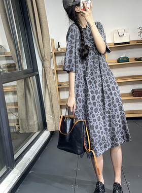 素凡卡夏季韩版休闲宽松中长款豹纹洋气显瘦棉质中袖连衣裙女长裙