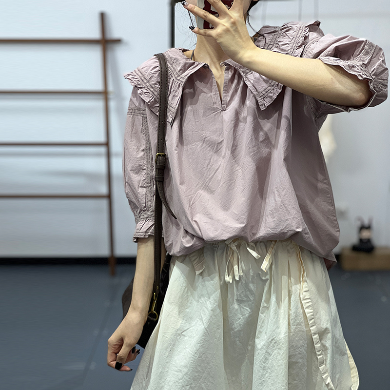 日系娃娃衫衬衫女素凡卡夏季森女系可爱风花边领百搭宽松套头衬衣