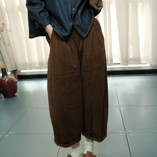 简约风纯色松紧腰宽松保暖夹棉直筒裤 日系休闲条绒棉裤 女素尚冬季