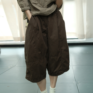 秋冬新款 素凡卡复古文艺松紧腰纯色厚料夹棉宽松休闲斜纹棉八分裤