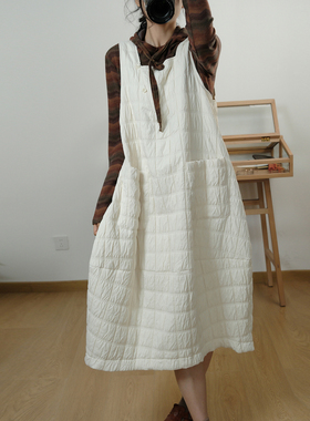 素凡卡冬季新款日系简约显瘦背心裙宽松休闲保暖夹棉菱形格连衣裙