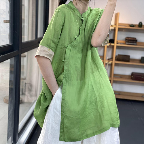 素立领斜襟包扣轻薄苎麻禅服衬衫