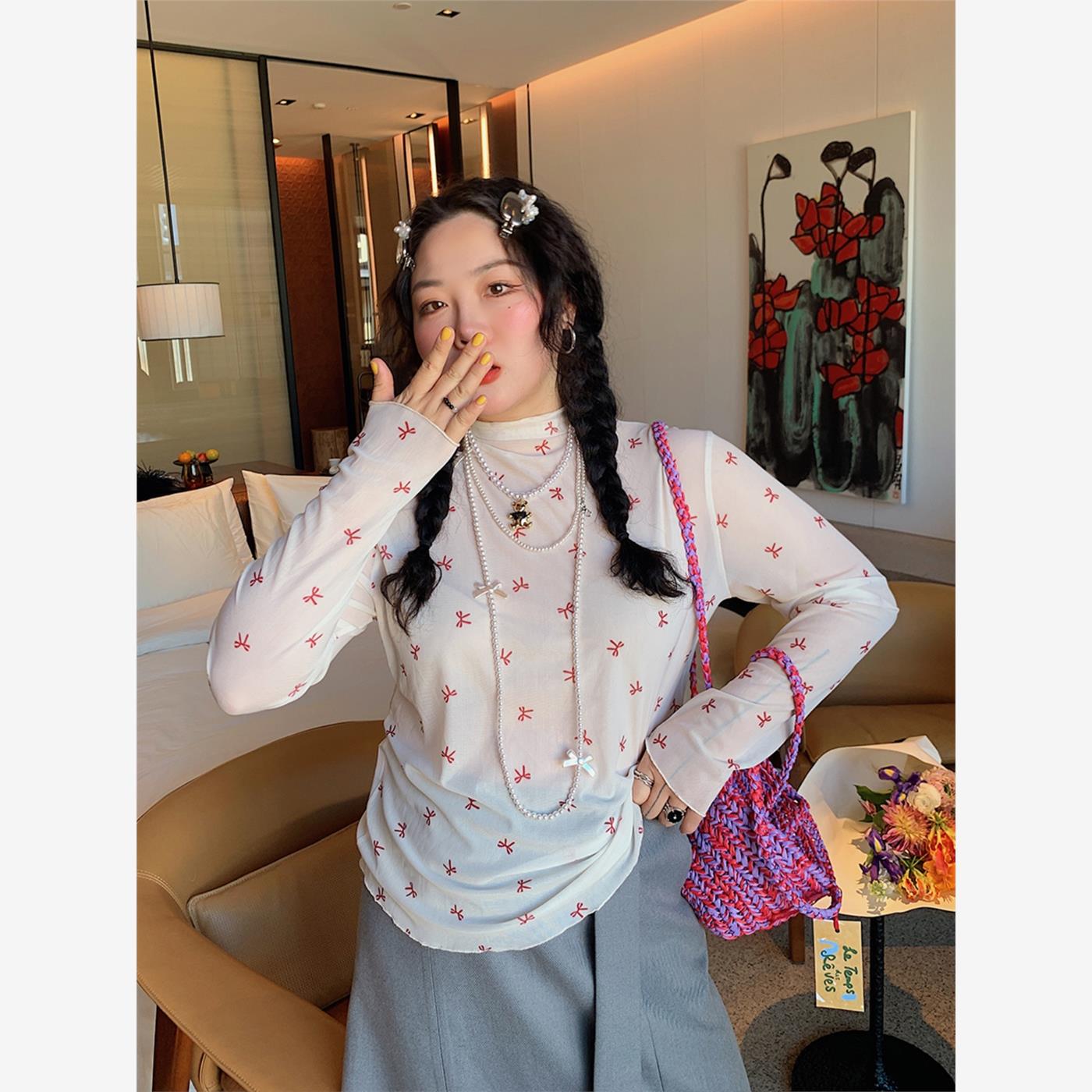金大之圆点/蝴蝶结底衫女式长袖2025春季新款胖毫米加码女式t恤上