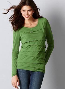 Ann taylor纯棉绿色褶皱长袖T恤衫百搭气质棉质女士上衣时尚韩版