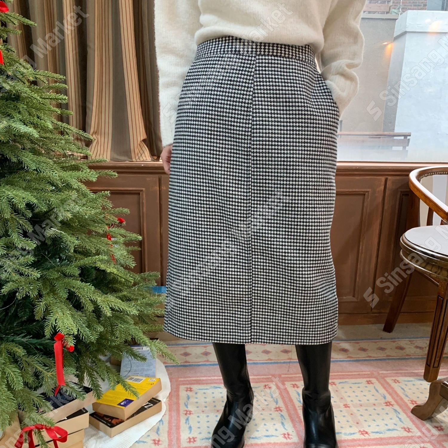 colofunia韩国女装代购中长半身裙福利款~H型细格子裙冬款