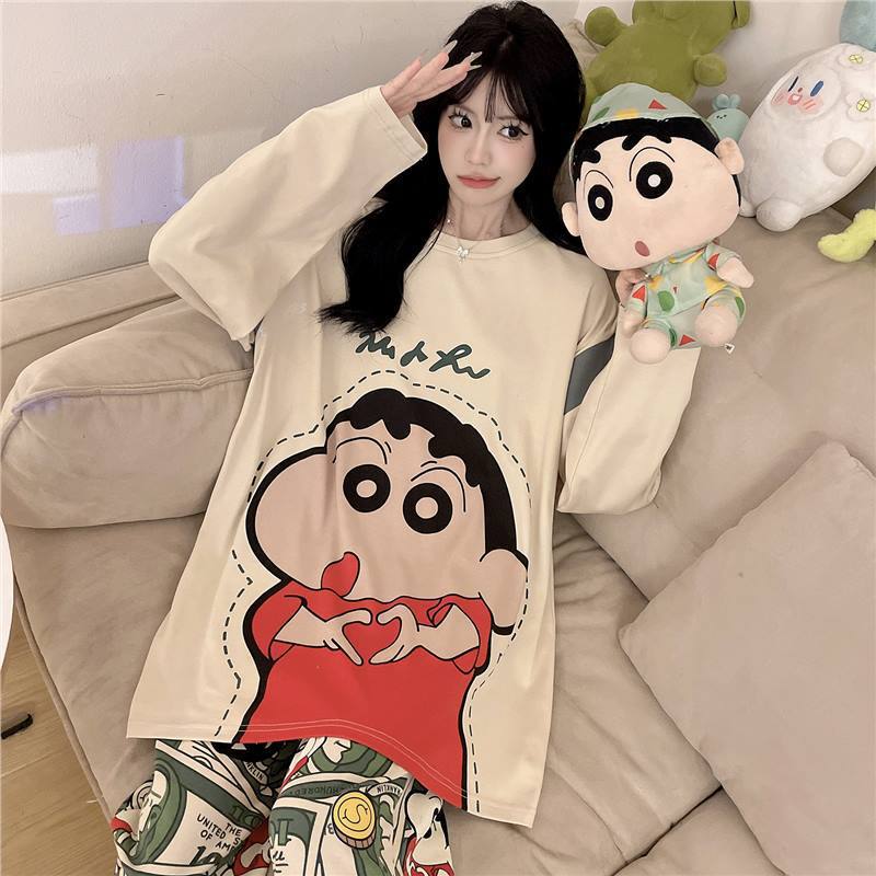 纯棉睡衣女款春秋季长袖长裤可爱卡通胖mm大码纯棉家居服春款套装