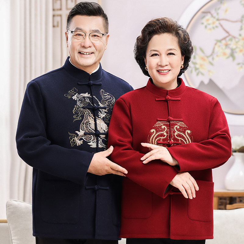 情侣唐装秋冬羊毛呢爷爷奶奶套装