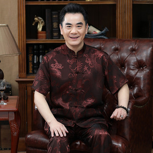 唐装 丝绸套装 男式 中国风老人衣服爷爷短袖 中老年爸爸装 桑蚕丝夏季