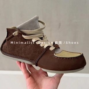 顶版~邓为同款真皮复古拼接休闲小皮鞋男女豆豆鞋平底系带乐福鞋