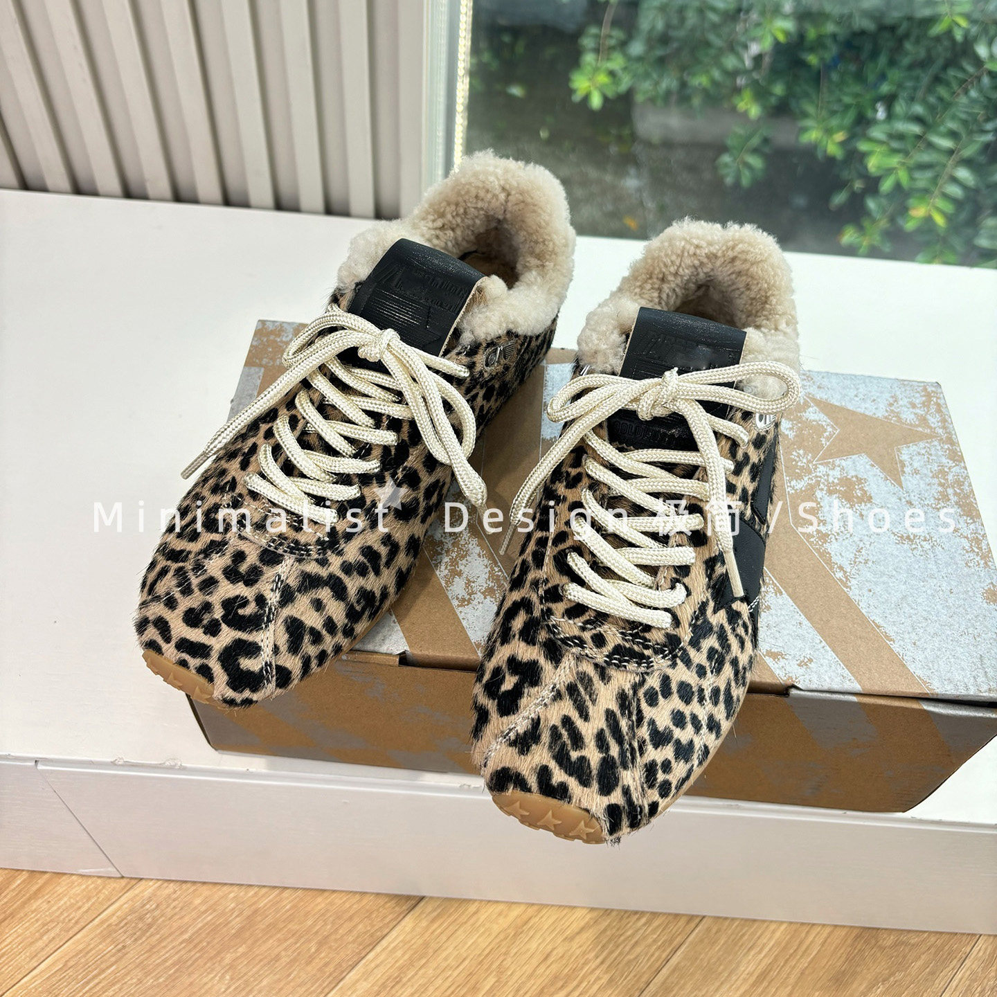 复古做旧星星小脏鞋女冬季加绒豹纹德训鞋皮毛一体羊毛棉鞋毛毛鞋