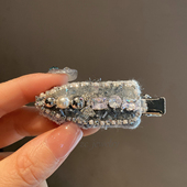 韩版 东大门新款 蓝色毛呢小香ins重工闪钻珍珠无痕边夹气质发卡