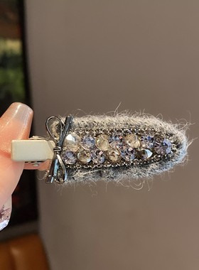 韩版东大门新款灰色毛线重工闪钻无痕发夹女时尚精致侧边碎发夹