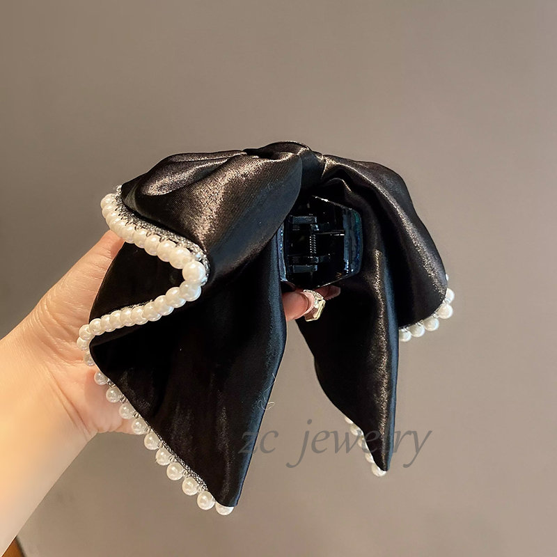 复古黑色蝴蝶结珍珠高马尾夹女高级感时尚后脑勺抓夹新款发饰发卡