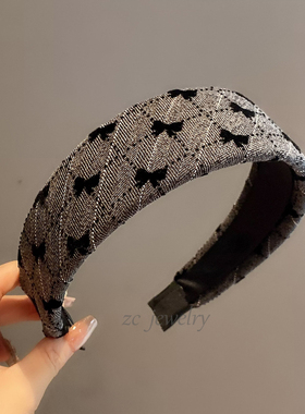 韩版高级感灰色轻奢领结印花宽边发箍女时尚高颅顶外出百搭发卡