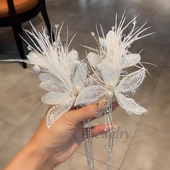 超仙水晶珍珠羽毛蕾丝边流苏发夹高级感新娘盘发演出发卡拍照发饰