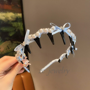 韩系甜美森系蓝色蝴蝶结重工闪钻珍珠发箍女百搭高颅顶防滑发卡