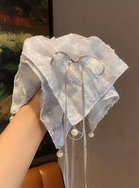 韩版高级感灰色蕾丝个性方巾蝴蝶结马尾夹女时尚气质后脑勺发抓